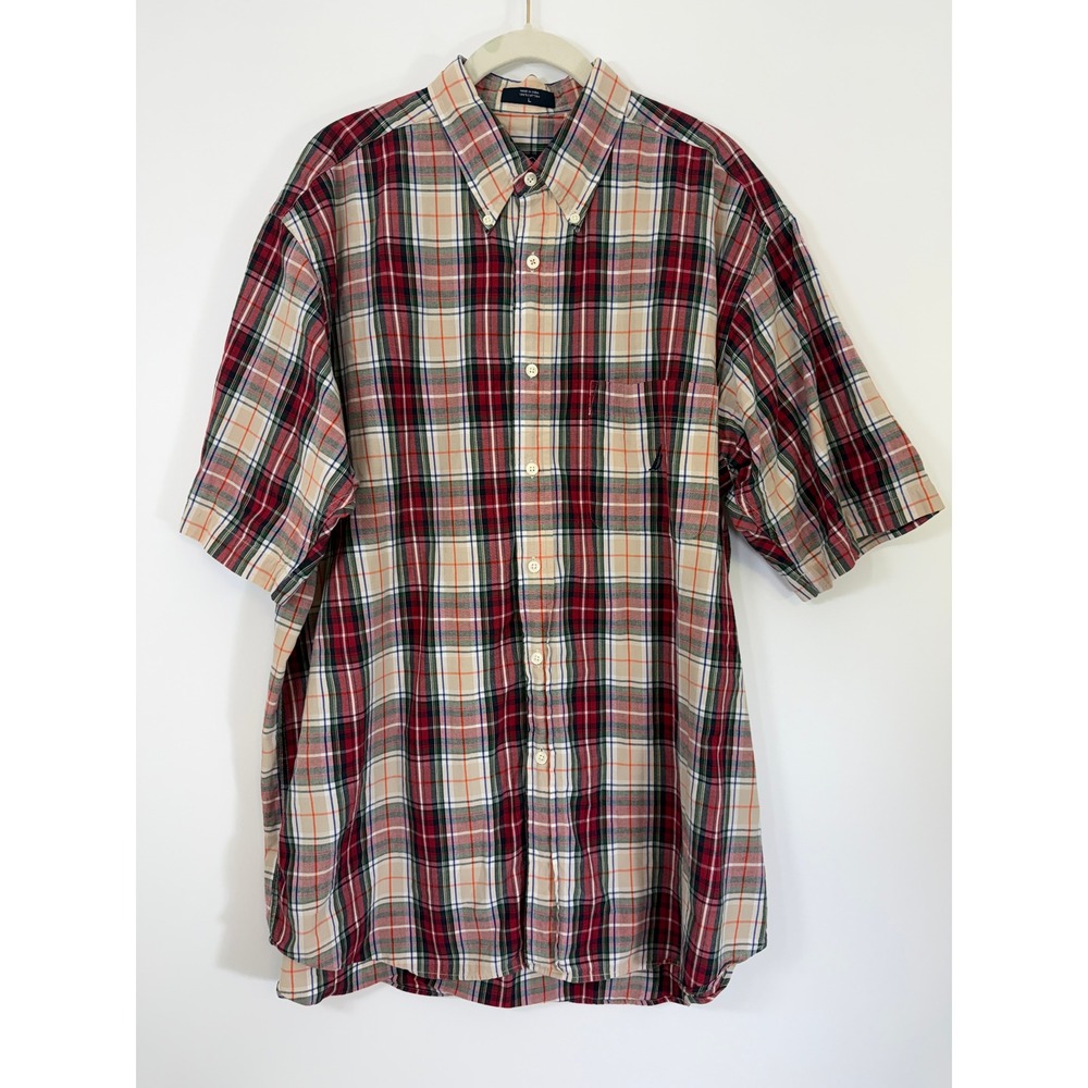 Nautica Plaid Shirt Men Large L Madras Short Sleeve Button Down Red Green Blue